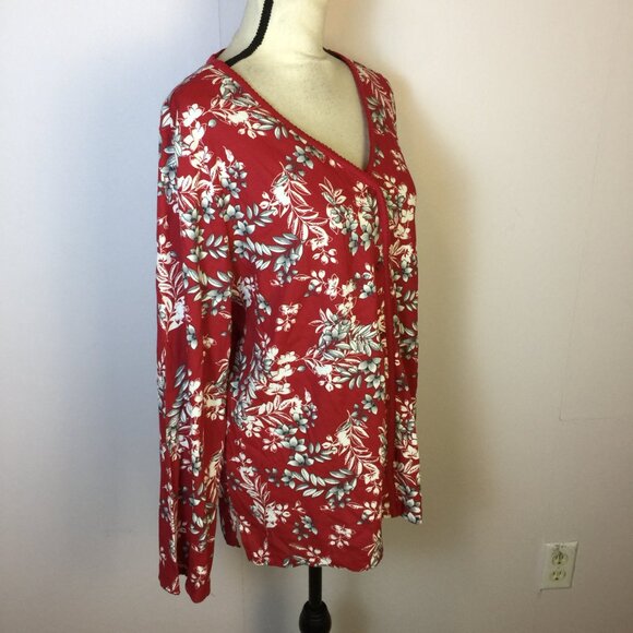 NWT Charter Club Pajama Top XL Womens Red Floral Long Sleeve Button Front V-neck - Picture 2 of 15